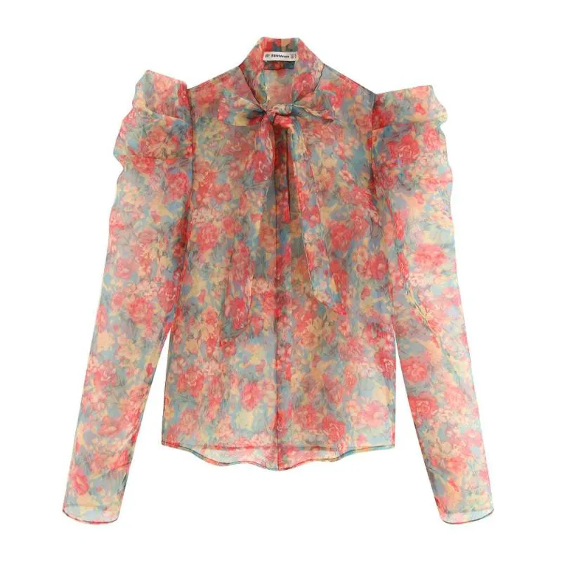 Organza haut chemisier voir à travers Transparent Vintage fleurs fleurs dames Blouses femmes à manches longues 2021 femmes chemises