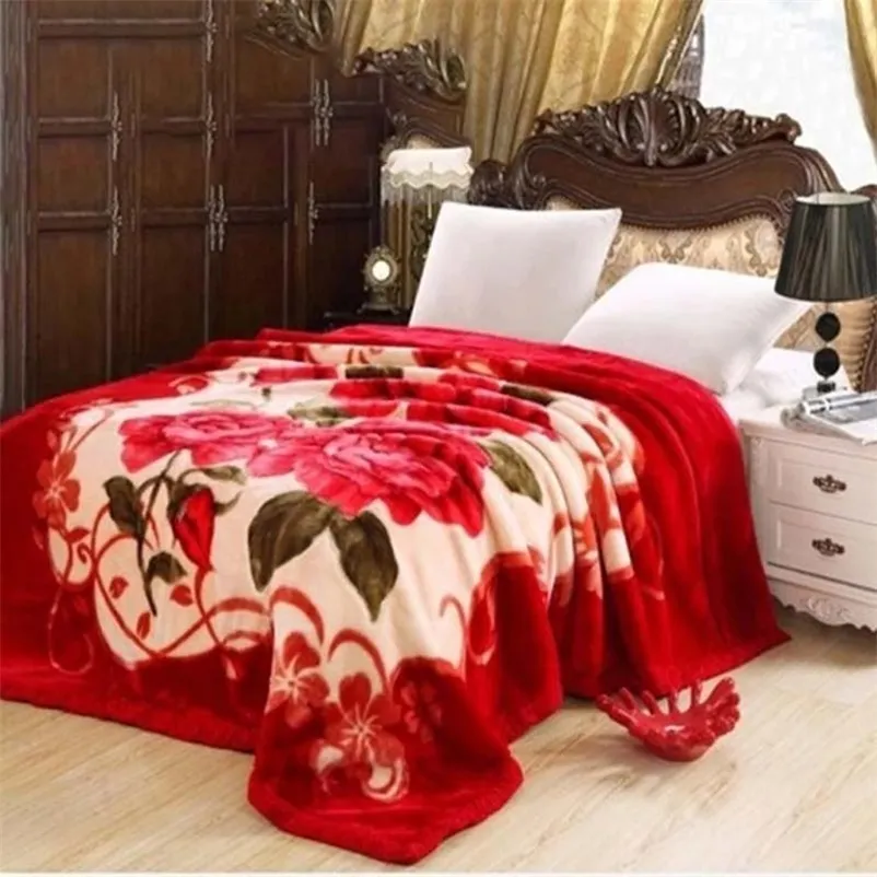 Double Layer Winter Thicken Raschel Plush Weighted Blanket For Double Bed Warm Heavy Fluffy Soft Flowers Printed Throw Blankets