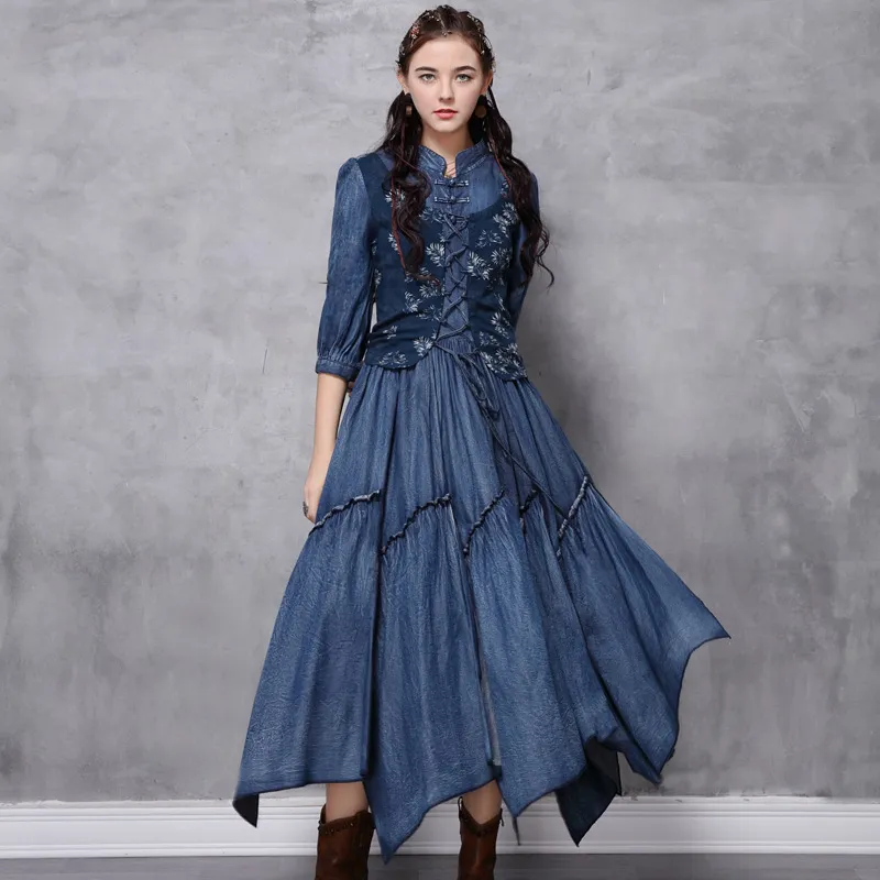 Johnature Women Vintage Patchwork Denim Dresses Irregular Autumn Stand High Waist Female Clothes Chinese Style Dresses 210521