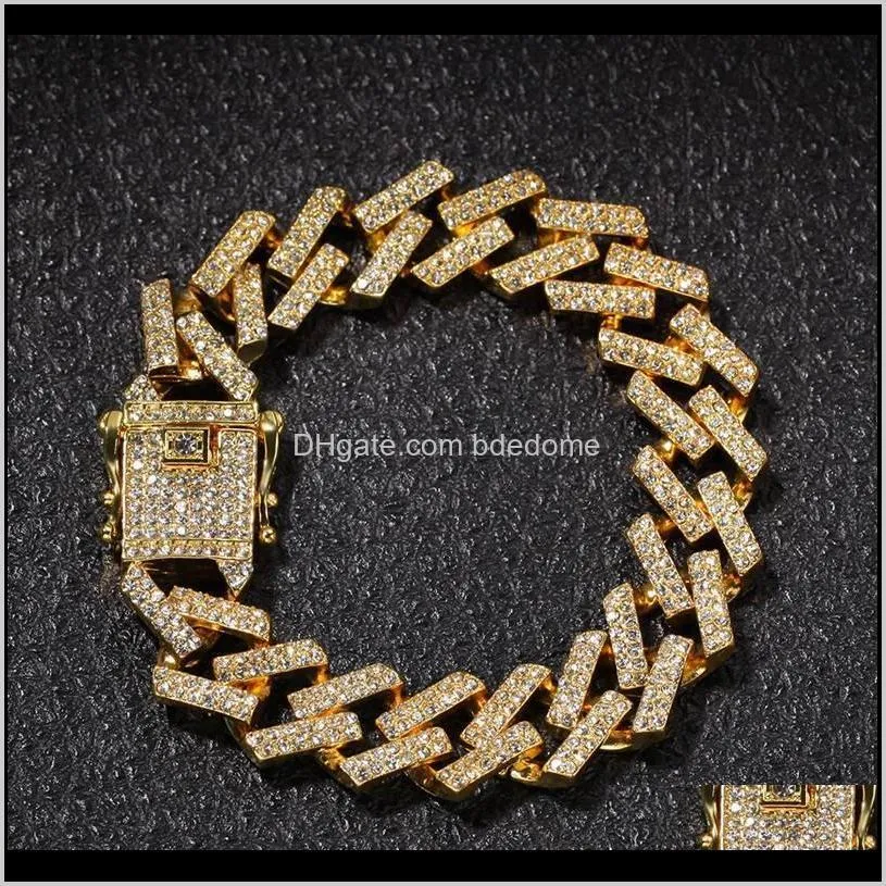 Link, Drop Delivery 2021 Pulseras de oro de hip hop para hombre Moda Iced Out Miami Cadena de eslabones cubanos Pulsera de diamante azul negro Joyería 8 pulgadas Aycyr