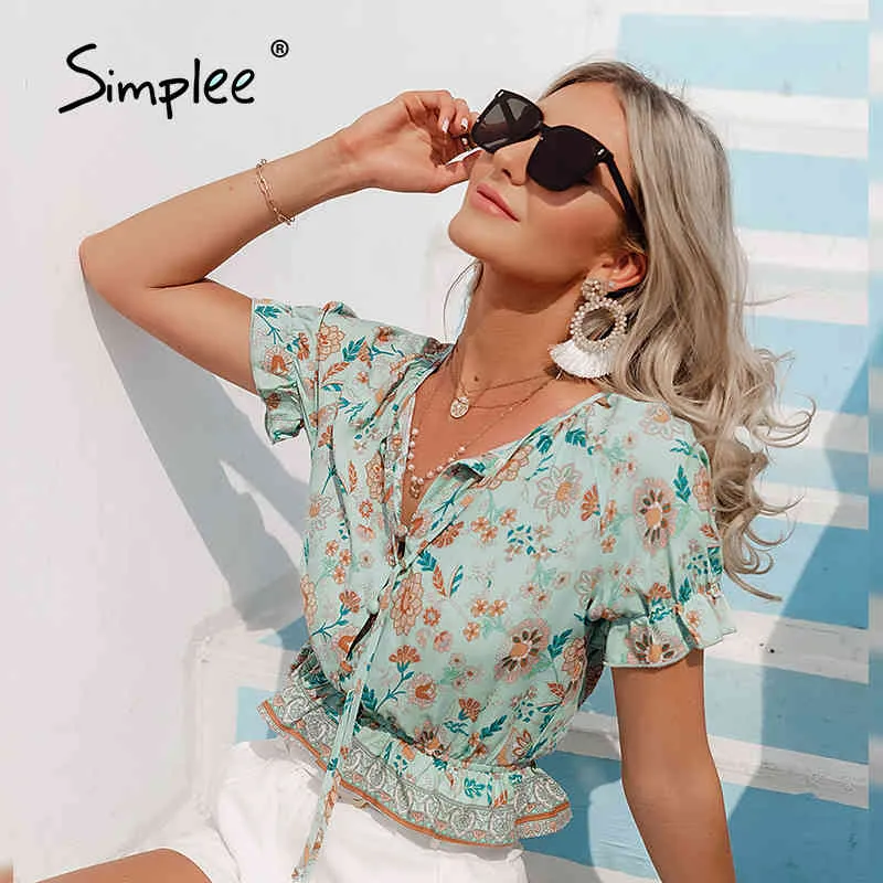 Retro floral print button woman Summer elastic sleeve lace up short blouse Holiday vacation fashion top 210414