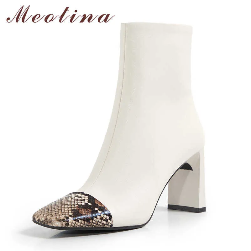 Meotina serpent imprimé cuir véritable talon haut mi-mollet bottes femmes chaussures bout carré talons épais fermeture éclair dames bottes blanc 40 210608