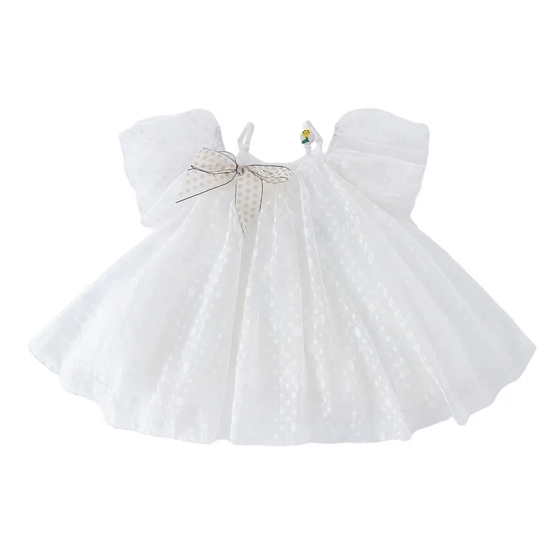 Koreansk Baby Girl Princess Dress Barn Elegant Bröllopsklänningar Toddle Birthday Dop Eid Kläder Spädbarn Dots Bow Frocks 210615