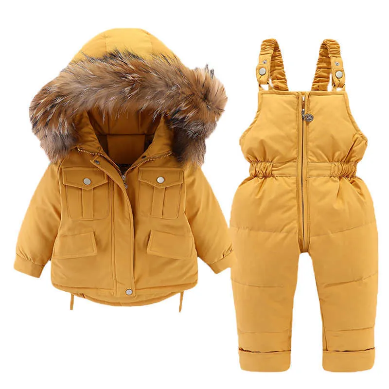 -30 Combinaison de neige pour bébé 0-4 ans 2pcs Ensemble bébé fille hiver doudoune et combinaison pour garçon enfants épaissir chaud col de fourrure veste H0917