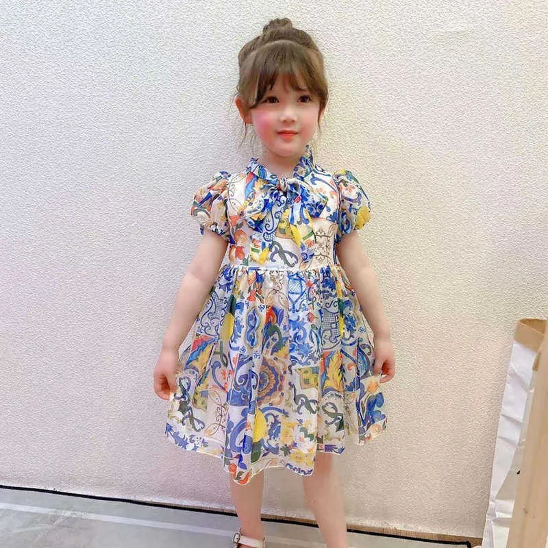 Menina do verão crianças vestido de flor azul chifon vestidos de princesa para meninas bebê laranja elegância infantil roupas q0716