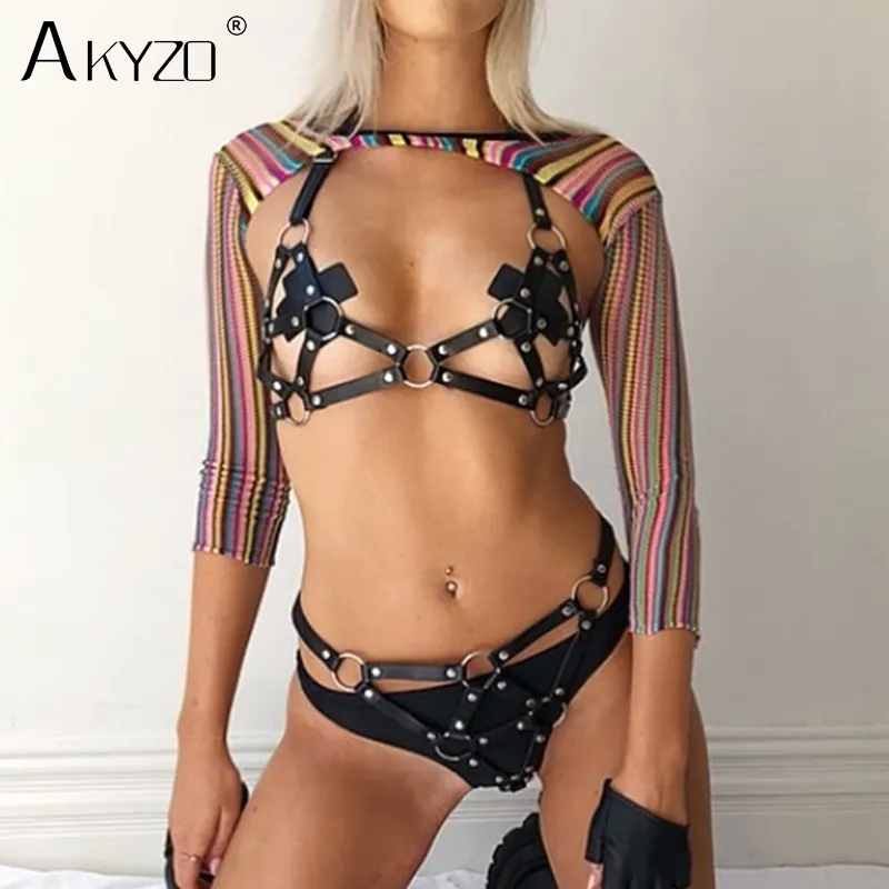 Akyzo sexy couro cinto de metal anel feita artesanal colheita de colheita mulheres definir preto oco out feminino conjunto de 2 partes x0428