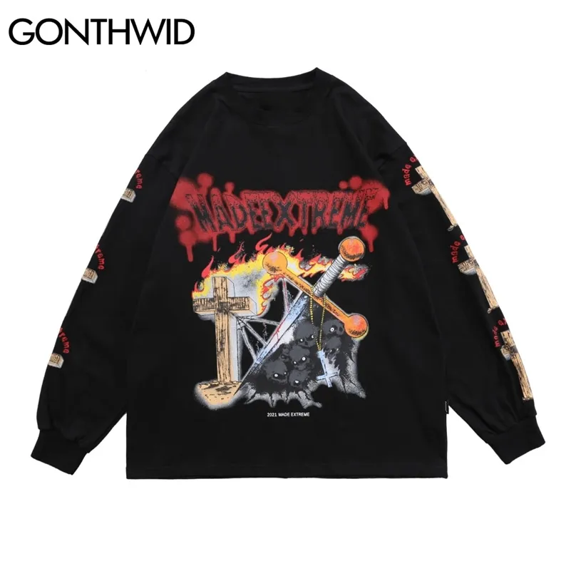 Hip Hop Oversized Tshirts Streetwear Fire Flame Cross Sword Skull Tee Shirts Harajuku Punk Rock Gothic Long Sleeve Tops 210602