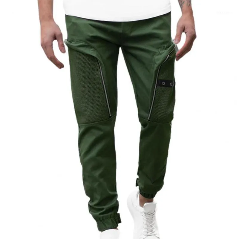 メンズパンツ男性貨物ソリッドカラーパッチワークカジュアルマルチポケット若い足首縞模様の男性ズボン2022ファッションスリムストリートウェア