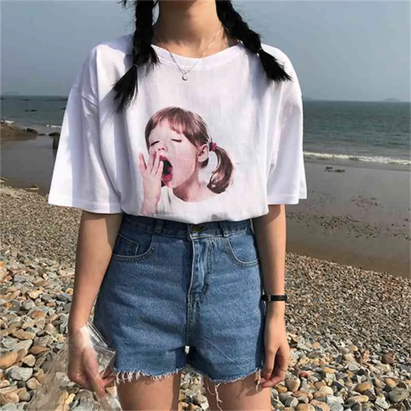 Character printed simple cute casual cotton white fresh preppy short sleeve female t-shirts 210522