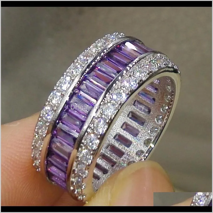 wholesale professional luxury jewlery princess cut 925 sterling silver amethyst gemstones cz diamond wedding lover band ring gift size