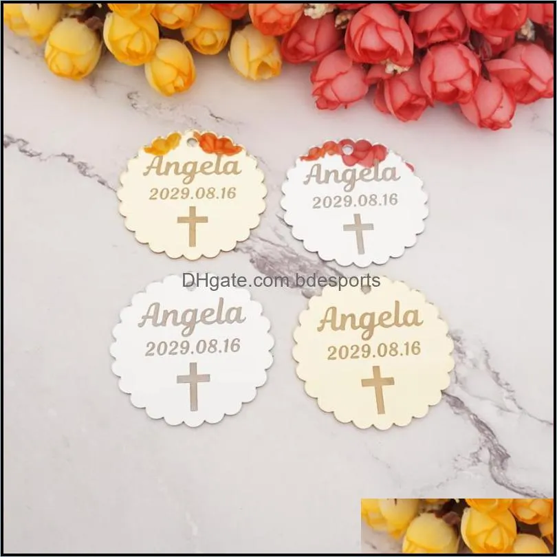 Party Favor 6pcs Personalized Acrylic Mirro Babyshower Decor Engrave Name Wedding Tags 5cm 8cm Round With Small Cross Invitation Card