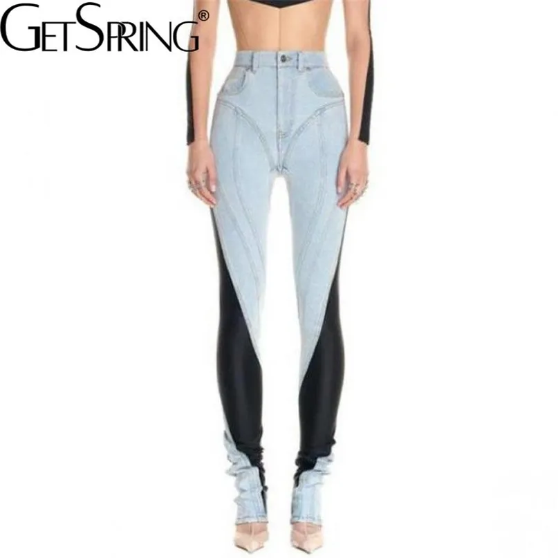 GetSpring Women Jeans leggings Vintage Patchwork High Waist Denim Pencil Pants Color Matching Long Female Trousers Autumn 211129