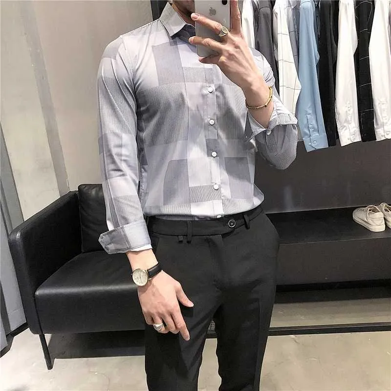 Chemise à carreaux géométrique hommes printemps décontracté affaires formelles chemises coréennes slim fit à manches longues mariage fête sociale chemisier 210527