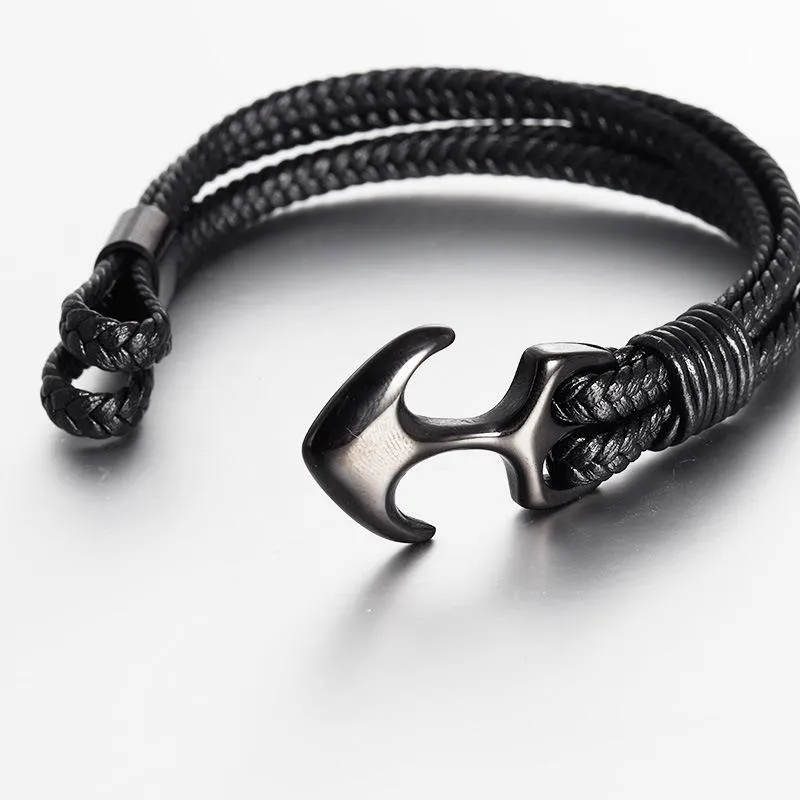 Hoge kwaliteit heren titanium stalen armband zwart persoonlijkheid leer geweven ankertouw voor mannen cadeau bedelarmbanden2195