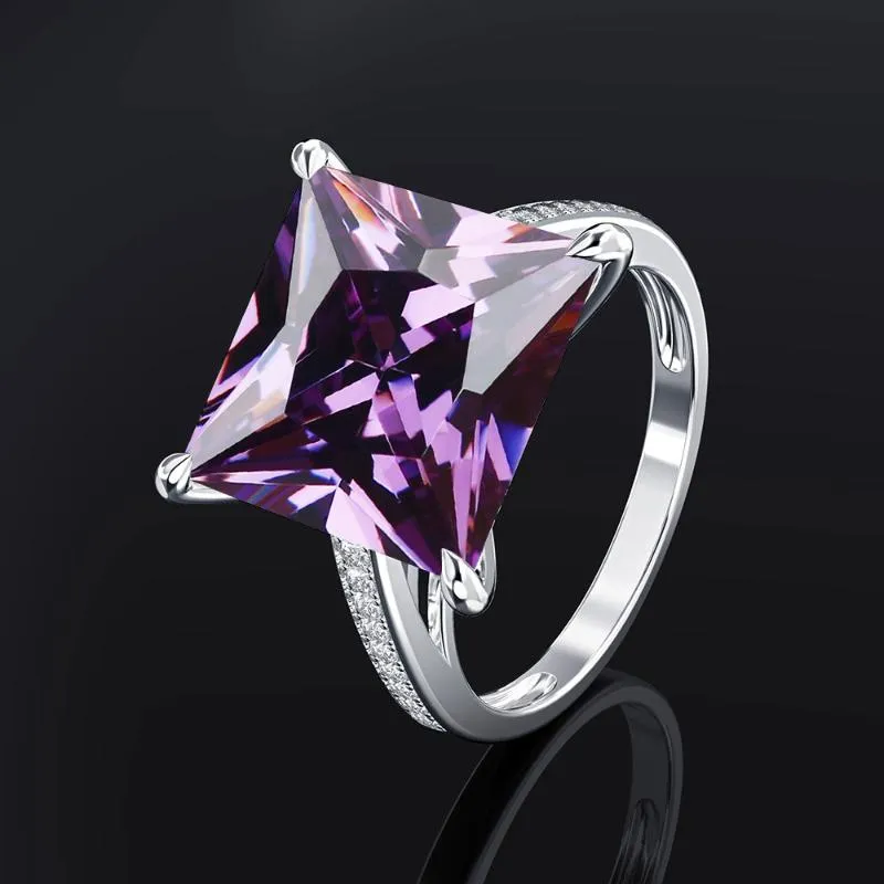 Wedding Rings Big Square Cubic Zircon Synthetic Amethyst Pink Quartz Citrine Stone Ring 925-Silver-color Party Jewelry For Women