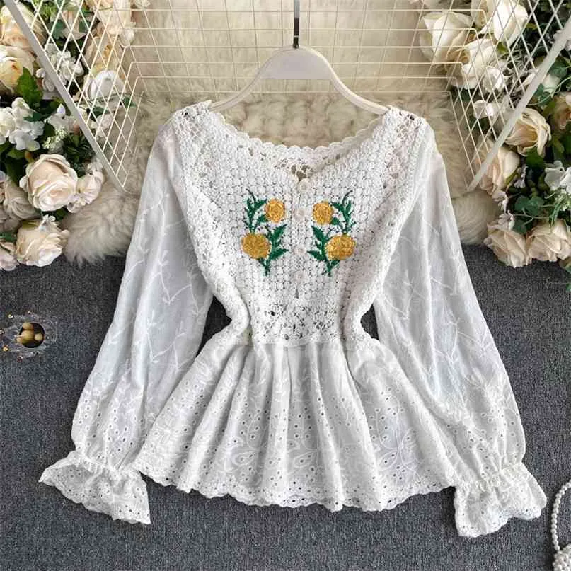 Vintage Crochet Hollow Blommor Broderi Stickade Stitching Women Blouse O Neck Långärmad Vår Höstskjorta Damkläder 210603