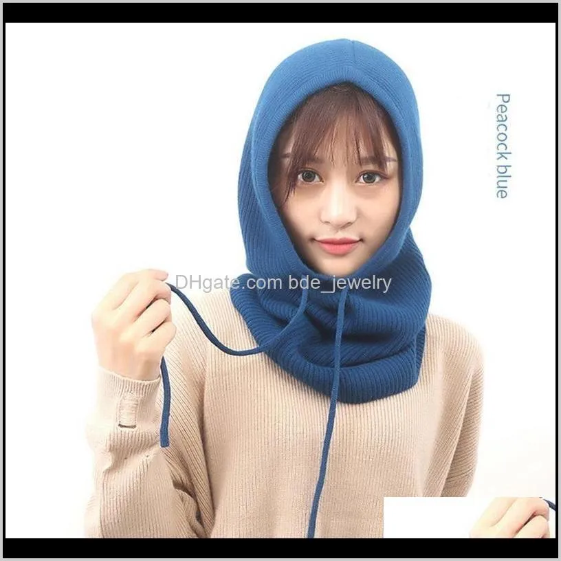 1pc unisex knitted cashmere hooded neck winter cap woman pompon drawstring adjustable elastic hat knitted cashmere hooded neck