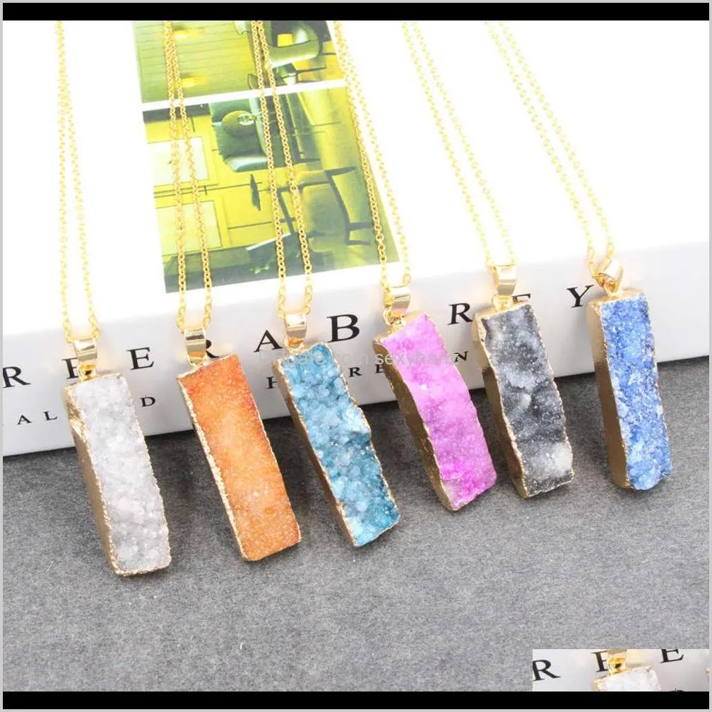 gold plated rectangular irregular natural stone pendant women`s crystal sweater necklace