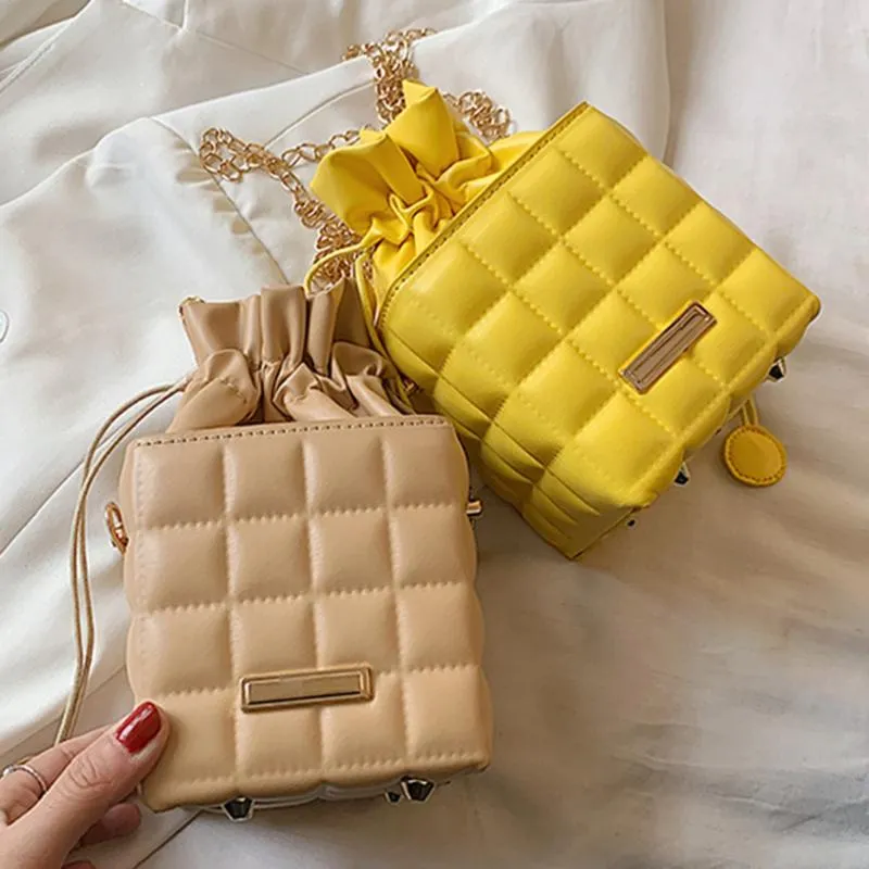 Shoulder Bags Fashion Women PU Leather Drawstring Cube Crossbody Bag Checker Pattern Casual Ladies Solid Color Small Handbags Purse
