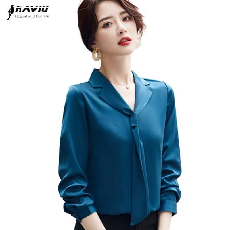 Marynarka wojenna Blue Shirt Kobiety Moda V Neck Design Wiosna Z Długim Rękawem Casual Satin Bluzki Biuro Panie Formalne Prace Luźne Top 210604