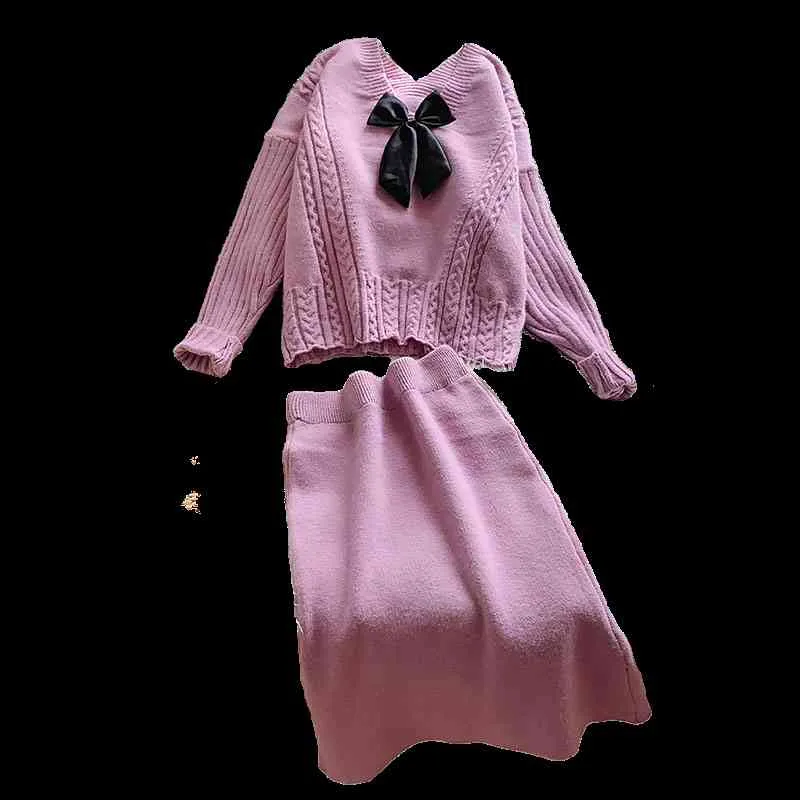 H.SA Autumn Winter Women 2 piece Sweater Knit Pullover and Bow Tied Fashion Skirts Suit Pull Jumpers Sueter Mujer 210417