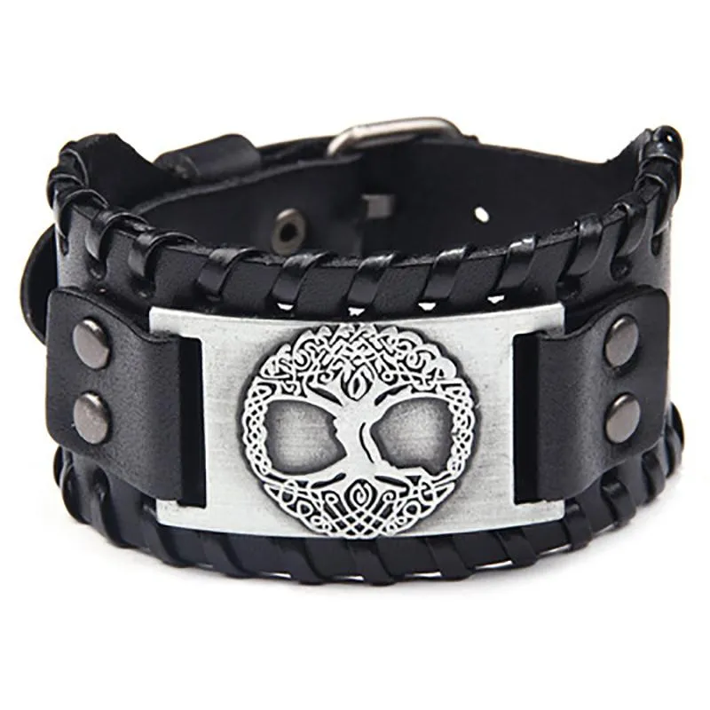 Charm Armband Gotisk Design Nordic Viking Odin Tree of Life Armband för män Handvävda brett läder Justerbara punk smycken