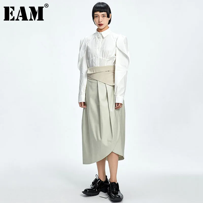 [EAM] Hoge taille grijs gesplitste geplooid lange sjerpen asymmetrische halve lichaam rok vrouwen mode lente herfst 1DD7296 21512