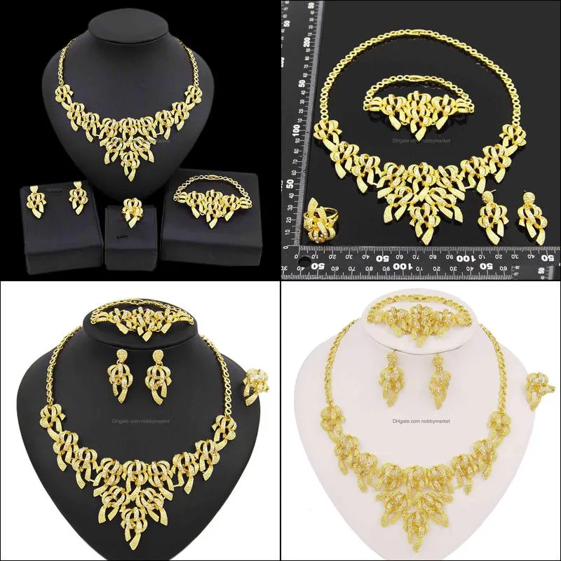 Brand Bracelet Earring & Necklace 24K Gold Plated plant Pendant with diamond necklace earrings bracelet ring jewelry set