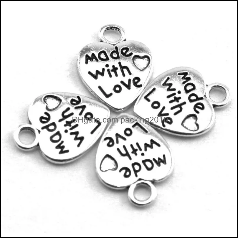 200 PCS Alloy Jewelry Pendant Beads Hand Made with Love Heart Tags Charms Label for Necklace Bracelet Key Chain Jewelry Clothing DIY Handicraft & Sewing