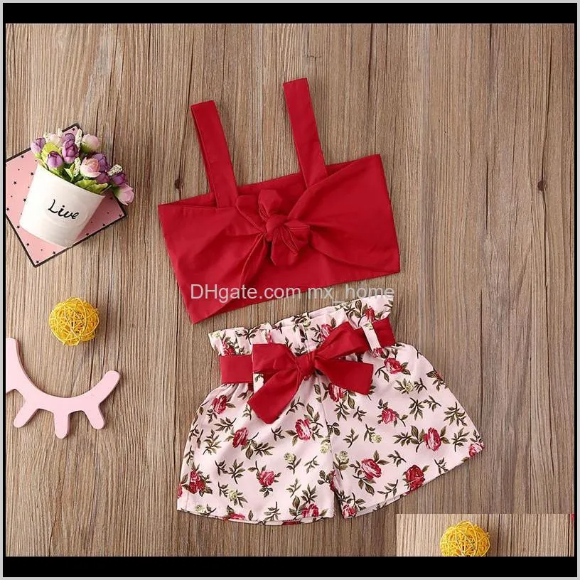 80120 Kids Baby Girls Two Piece Floral Flowers Crop Tank Vests Belt Bow Tracksuit Beach Party Cloth Ypv48 Sets Uodc5