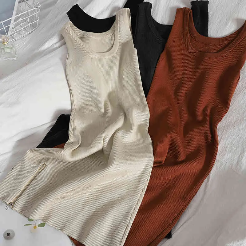 Fashion zipper slit bag hip short Dress summer Korean sleeveless vest dress Slim knit casual Solid mini female vestidos 210420