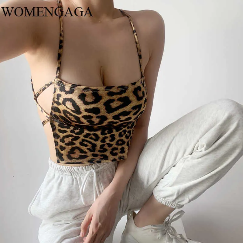 Summer Mesh Low Chest Sexy Leopard Print Big Exposed Back Cross Hollow Navel Tank Tops Girl Female TUG7 210603