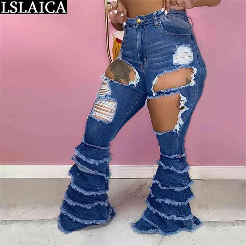 Sexig jeans kvinna byxor hög midja mode hål flare plus storlek streetwear kvinnor höst casual solid kvinnliga långa byxor 210515