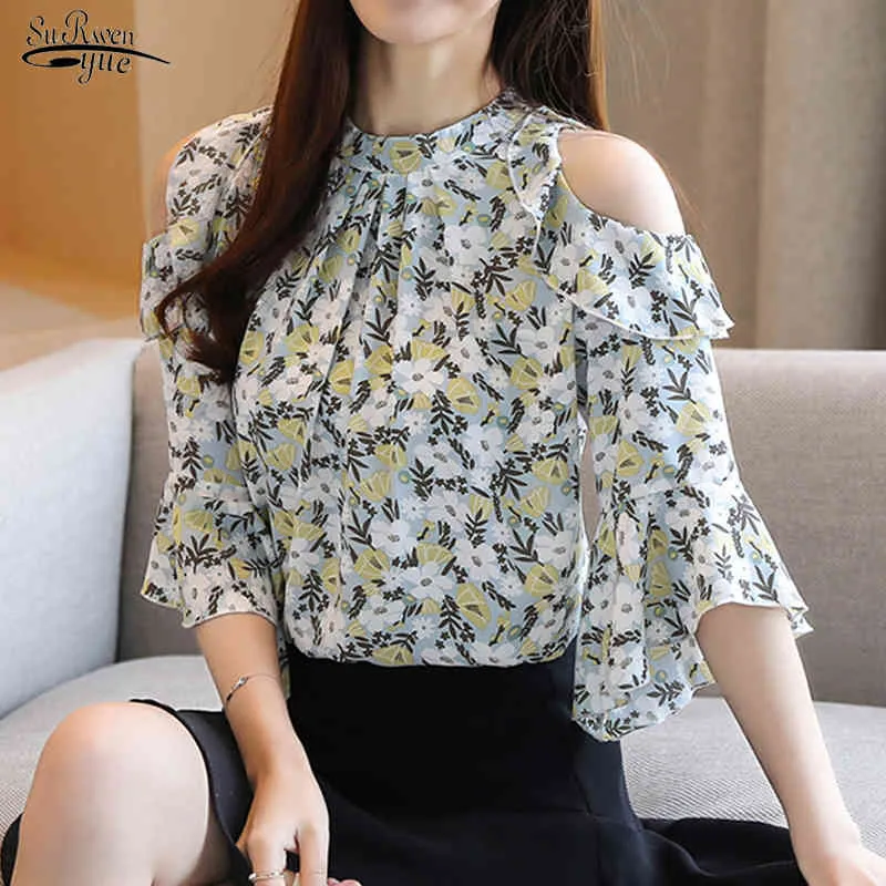 Lato Szyfonowa Koszula z krótkim rękawem Kobiety Blusas Mujer de Moda Loose Flower Off-Shoulder Pullover Bluzka 8982 50 210508