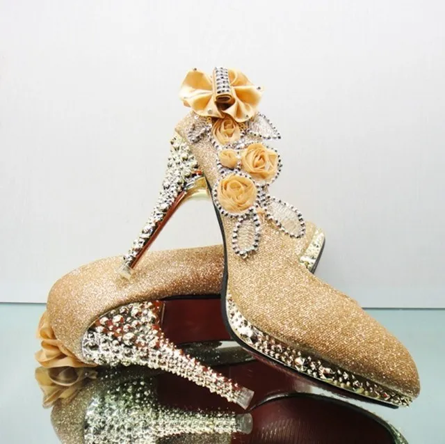 Gold Diamond Wedding Flower Pumps Bridal Heels for Prom 8 11cm