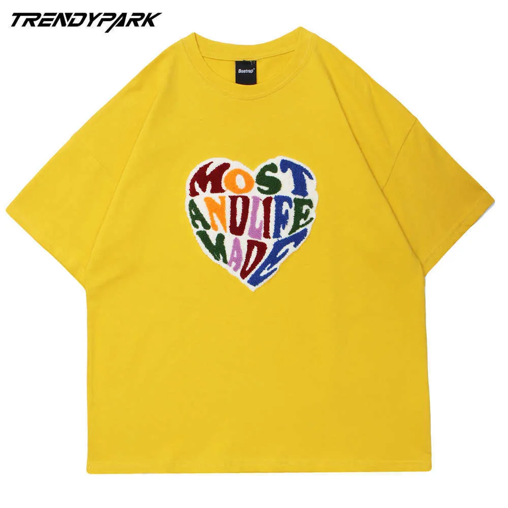 Mäns Hip Hop Oversized T-shirt Brev Hjärta Tryckt T Shirt Harajuku Bomull Casual Tshirt Sommar Kortärmad Tops Tee 210601