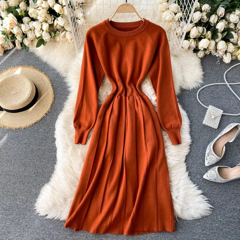 Women Korean Knitted Dress Fashion Elegant O Neck Long Sleeve A-lien Jumper Autumn Winter Retro Warm Sweater Dresses 210419