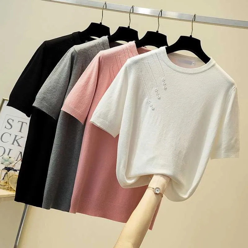 L-4xl plus size women Summer basic thin sweater short sleeve o neck button loose casual Oversized female sweaters jumper 210604