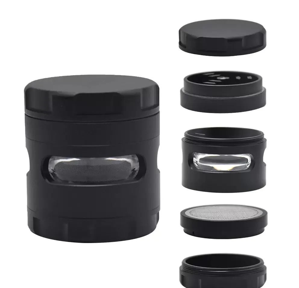 Il più nuovo design della finestra di vetro Alluminio Metallo Tabacco da fumo Herb Grinder 61MM 4 Strati Spice Manovella Tabacchi a mano Erbe secche Muller