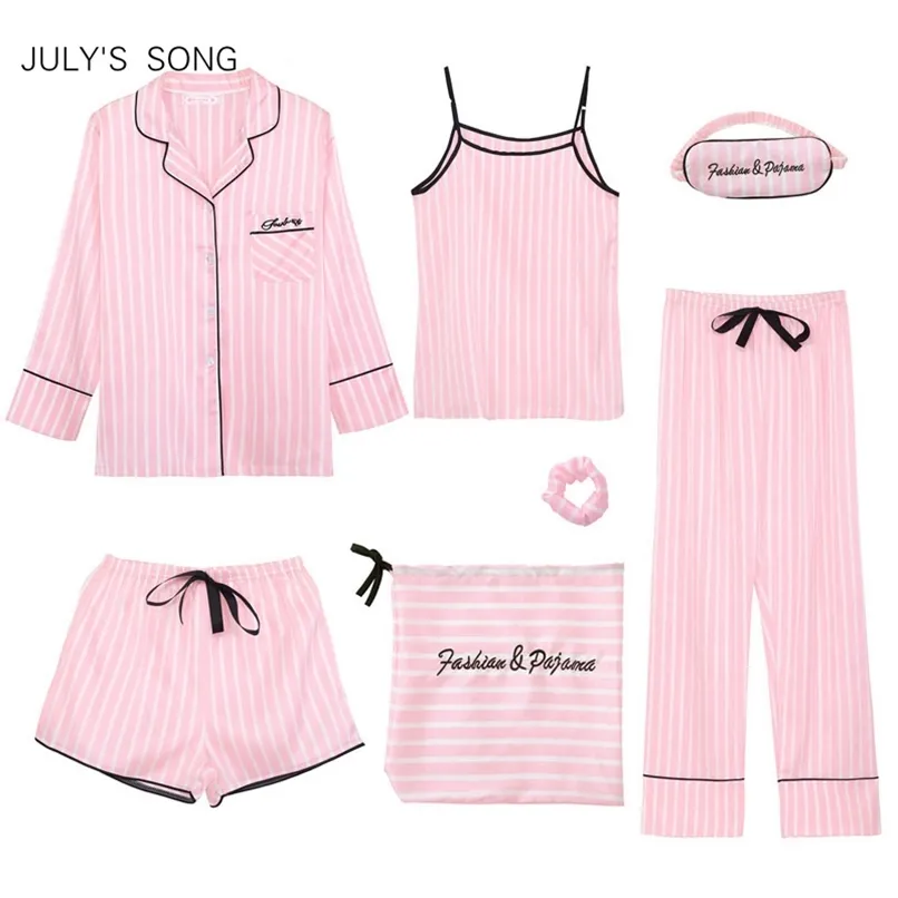 JULY'S SONG Rose 7 Pièces Ensembles de Pyjamas pour Femmes Pyjama à Rayures en Soie Pyjamas pour Femmes Ensembles de Vêtements de Nuit Printemps Été Homewear 211112