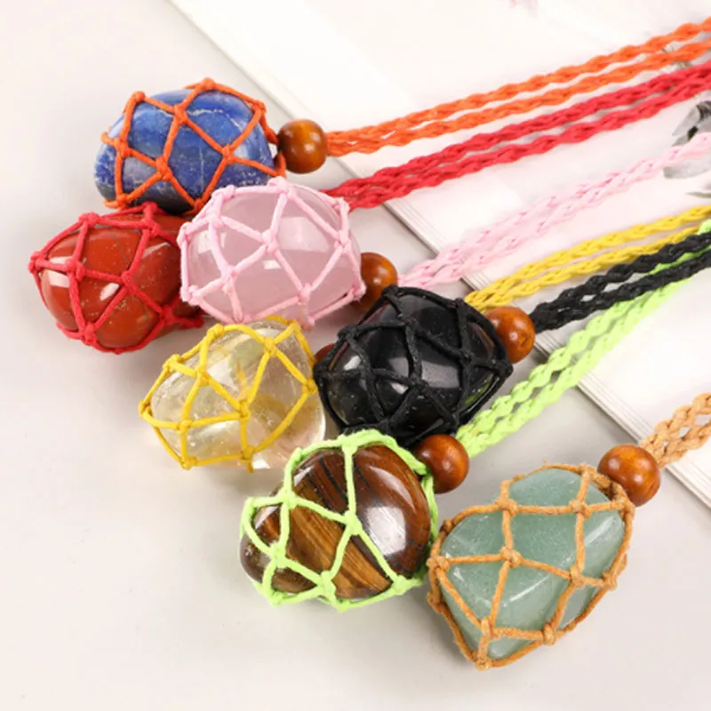 Irregular Natural Crystal Stone Rope Braided Handmade Beaded Pendant Necklaces With Chain For Women Men Decor Jewelry