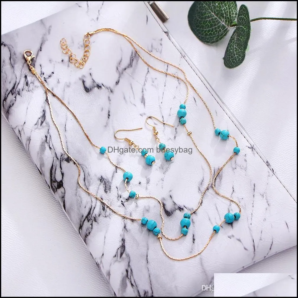 Earrings & Sets Jewelry2-Color European And American Retro Jewelry Round Turquoise Gem Mti-Layer Necklace Earring Set, Female Wholesale Sale