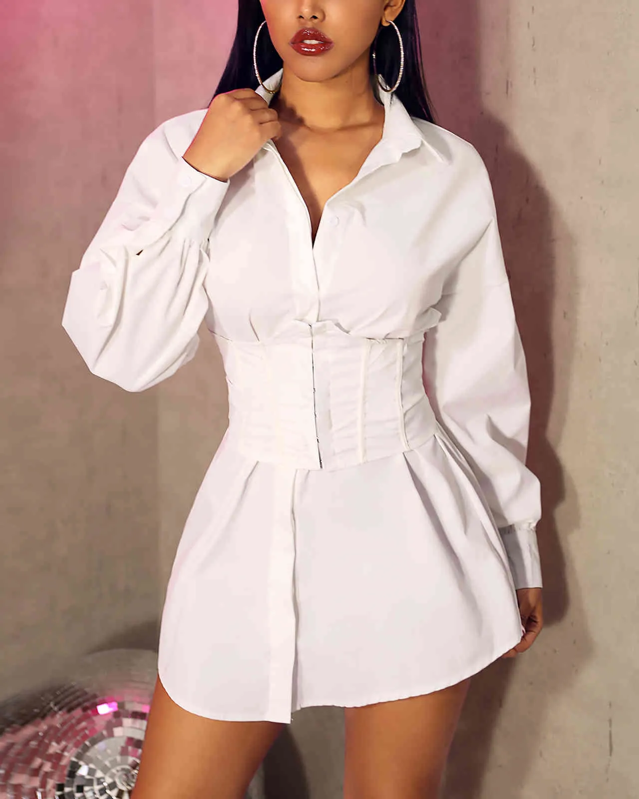 Women Solid Long Sleeve Tight Waist Buttoned Shirt Dress Cocktail Partywear Workwear Night Club Solid Mini Dress Femme Vestidos 210415