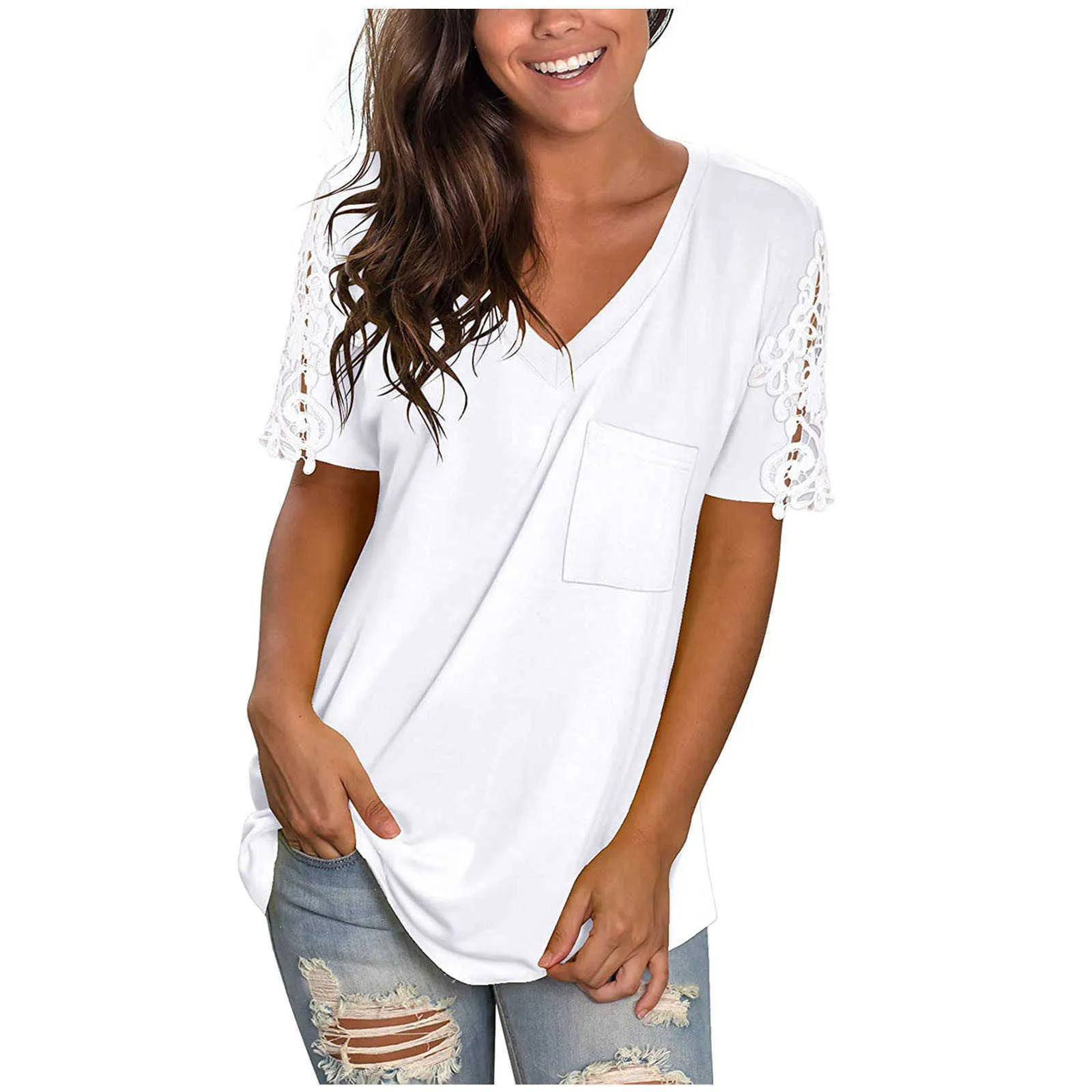 Vintage Koronki Łączenie Koszulki Kobiety Solid Color Plus Size Tuniki Tuniki Krótki Rękaw V-Neck Casual Summer T-shirt Mujer Camisetas Y0824