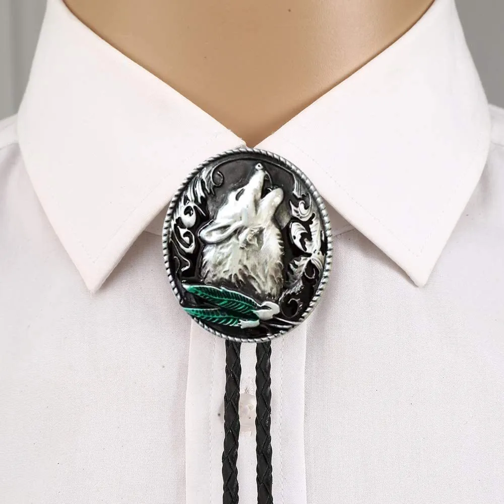 Cravatta Bolo Vintage Western Con Lupo - JEAN'S FRIEND - Pelle E Lega Di Zinco