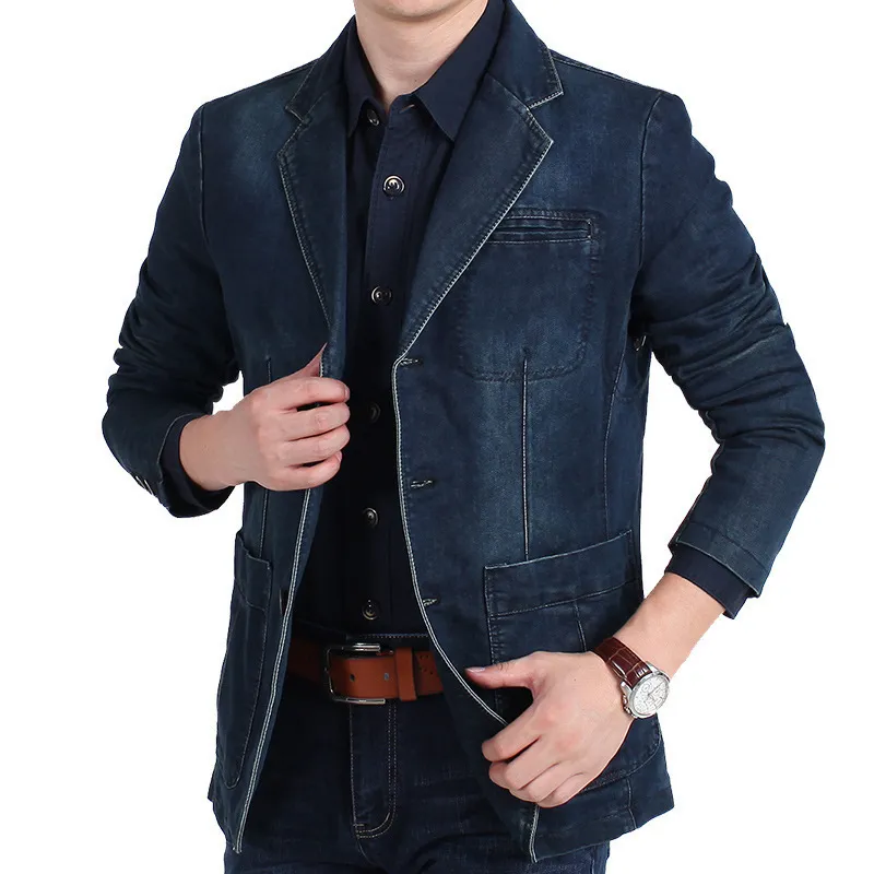 Män smala fit jeans blazers 4xl mens denim blazer män mode bomull vintage kostym ytterkläder manlig blå kappa denimjacka 220310