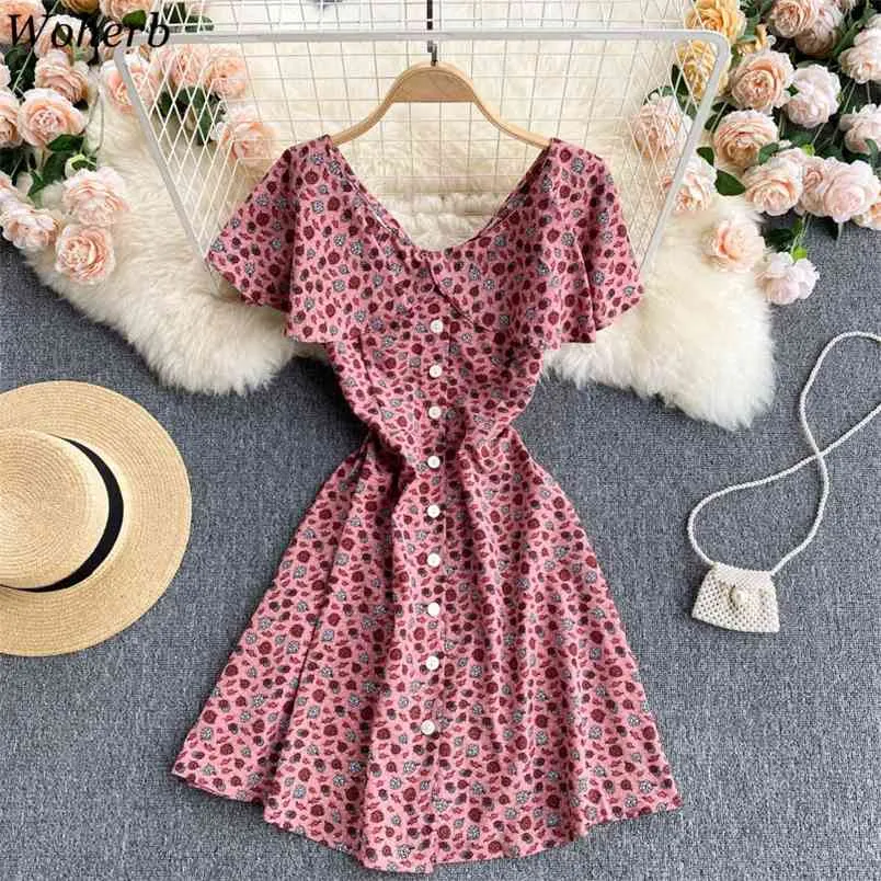 Letnia Vestidos de Mujer Robe Ruffles Butterfly Rękaw Kwiatowy Dress Slim Vintage Suknie Dla Kobiet 210519