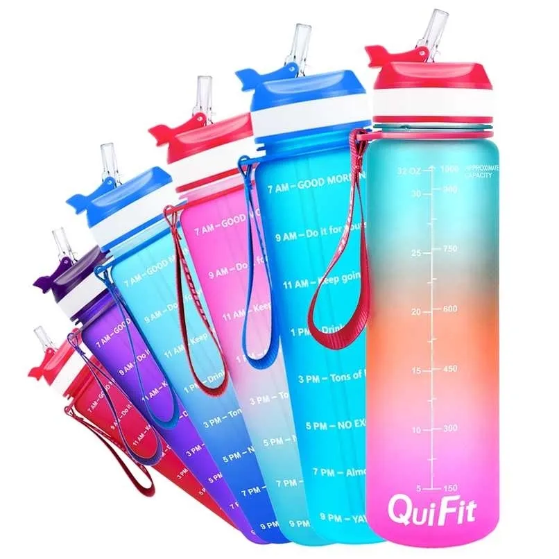 Quifit 1l 32 oz 1000ml tritan vattenflaska med halm BPA gratis dricka koppar cykel bärbar gym utomhus sport fitness kruk 211122