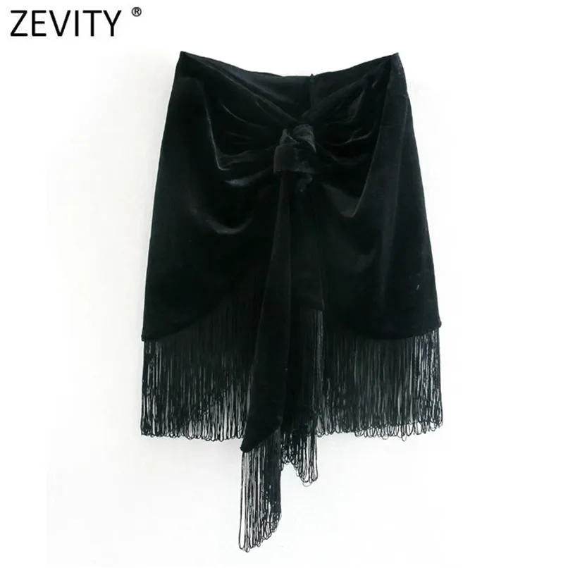 Zevity Mujeres Moda Negro Anudado Dobladillo Borla Casual Slim Velvet Falda Faldas Mujer Ladies Back Zipper Chic Mini Vestidos QUN705 210619