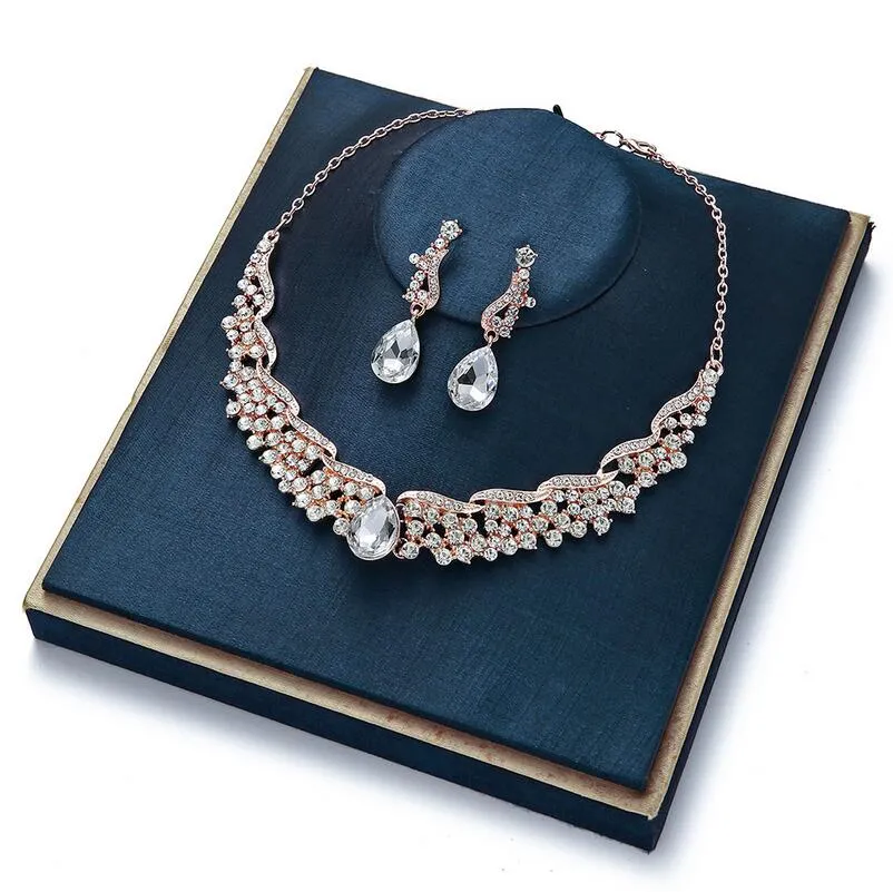 Fashion Rhinestone Crystal Faux Pearl Necklace+Earring Wedding Jewelry Sets For Bride Bridal